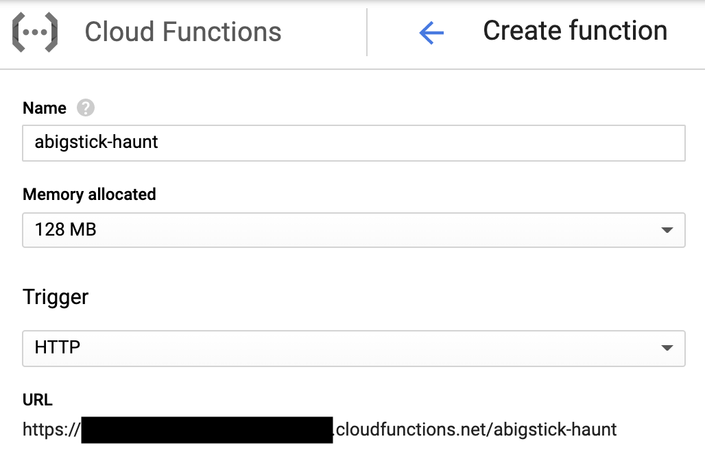 Create cloud function dialog